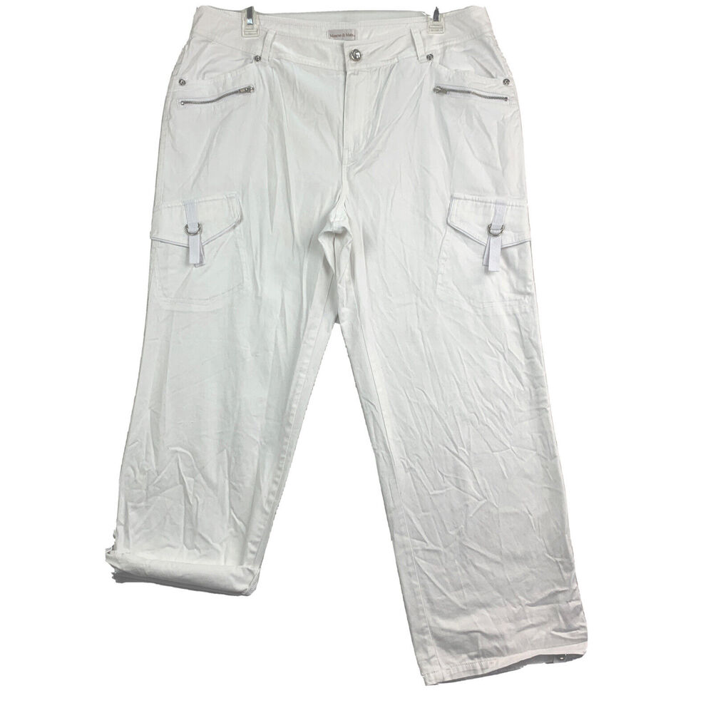 Monroe & Main Womens Cargo Capri Size 14 White Rolled Hem Rhinestone Pockets